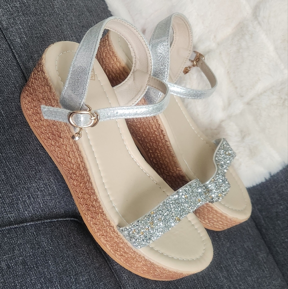 Silver Glitter Wedge Sandals